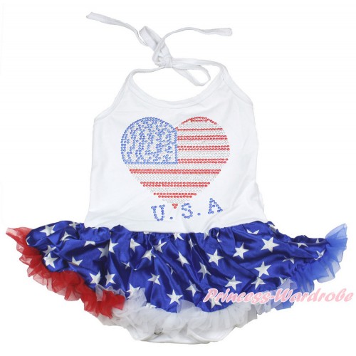 4th July White Baby Halter Jumpsuit Patriotic American Star Pettiskirt With Sparkle Crystal Bling Rhinestone USA Heart Print JS3360
