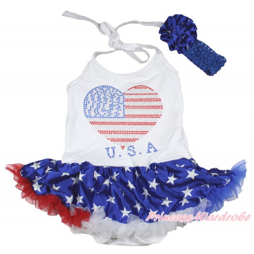 4th July White Baby Halter Jumpsuit Patriotic American Star Pettiskirt With Sparkle Crystal Bling Rhinestone USA Heart Print With Royal Blue Headband Patriotic American Star Rose JS3365