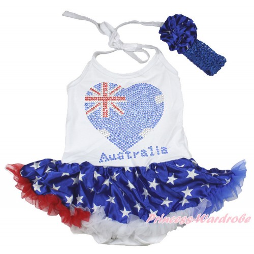 4th July White Baby Halter Jumpsuit Patriotic American Star Pettiskirt With Sparkle Crystal Bling Rhinestone Australia Heart Print With Royal Blue Headband Patriotic American Star Rose JS3366