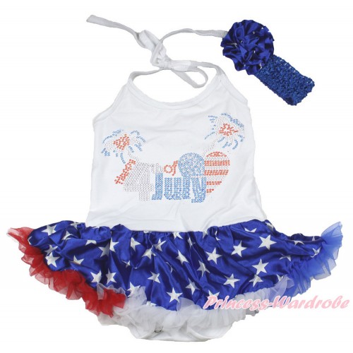 4th July White Baby Halter Jumpsuit Patriotic American Star Pettiskirt With Sparkle Crystal Bling Rhinestone 4th July Patriotic American Heart Print With Royal Blue Headband Patriotic American Star Rose JS3367
