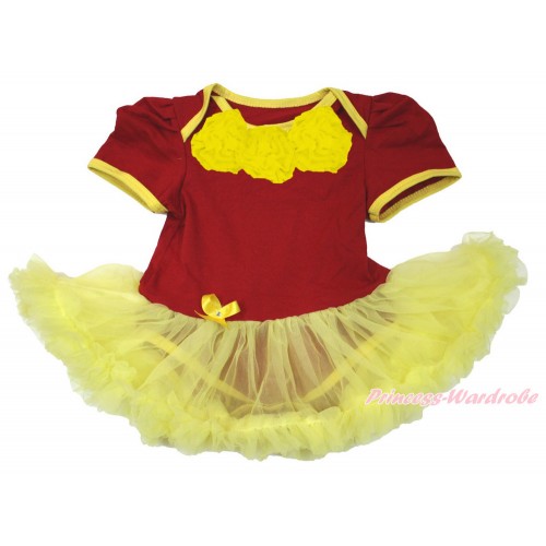 World Cup Spain Red Baby Bodysuit Jumpsuit Yellow Pettiskirt with Yellow Rosettes JS3374