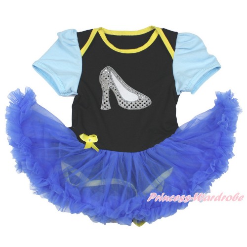 Light Blue Sleeve Black Baby Bodysuit Jumpsuit Royal Blue Pettiskirt with Sparkle White High Heel Shoes Print JS3381