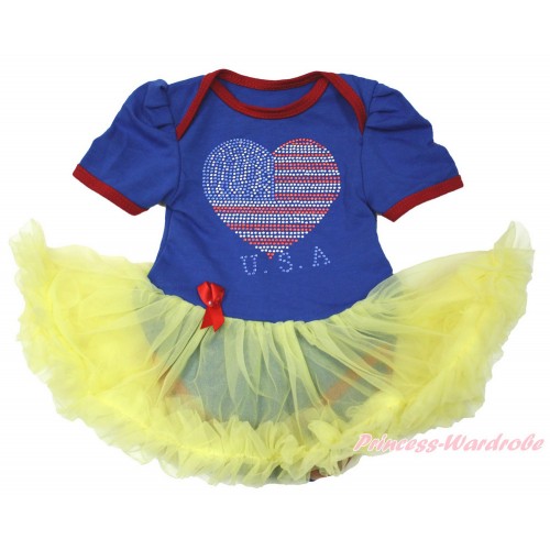World Cup Royal Blue Red Ruffles Baby Bodysuit Jumpsuit Yellow Pettiskirt with Sparkle Crystal Bling Rhinestone USA Heart Print JS3384