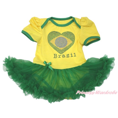 World Cup Brazil Yellow Baby Bodysuit Jumpsuit Kelly Green Pettiskirt with Sparkle Crystal Bling Rhinestone Brazil Heart Print JS3390