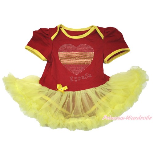 World Cup Spain Red Baby Bodysuit Jumpsuit Yellow Pettiskirt with Sparkle Crystal Bling Rhinestone Spain Heart Print JS3391