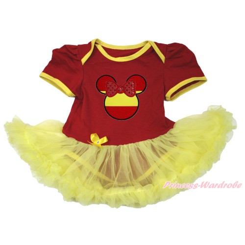 World Cup Spain Red Baby Bodysuit Jumpsuit Yellow Pettiskirt with Sparkle Red Spain Minnie Print JS3392