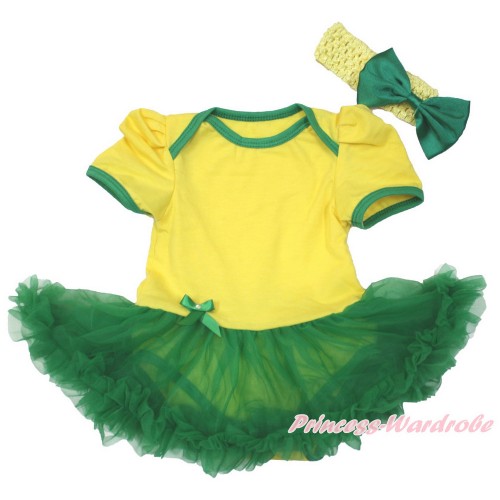 World Cup Brazil Yellow Baby Bodysuit Jumpsuit Kelly Green Pettiskirt With Yellow Headband Kelly Green Satin Bow JS3398
