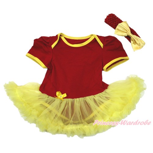 World Cup Spain Red Baby Bodysuit Jumpsuit Yellow Pettiskirt With Red Headband Yellow Satin Bow JS3399