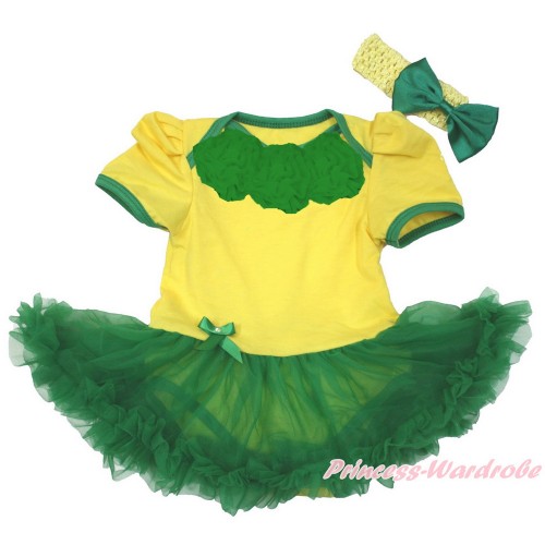 World Cup Brazil Yellow Baby Jumpsuit Kelly Green Pettiskirt With Kelly Green Rosettes With Yellow Headband Kelly Green Satin Bow JS3401