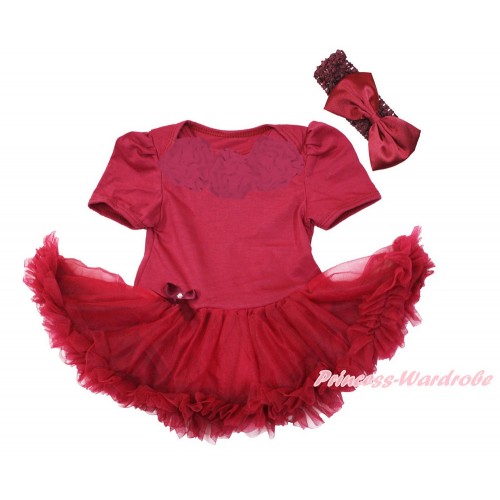 Raspberry Wine Red Baby Jumpsuit Wine Red Pettiskirt With Wine Red Rosettes With Wine Red Headband  Wine Red Satin Bow JS3403