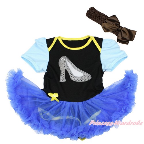 Light Blue Sleeve Black Baby Bodysuit Jumpsuit Royal Blue Pettiskirt With Sparkle White High Heel Shoes Print With Brown Headband Brown Silk Bow JS3409