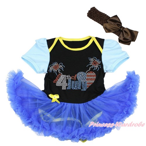 4th July Light Blue Sleeve Black Baby Bodysuit Jumpsuit Royal Blue Pettiskirt With Sparkle Crystal Bling Rhinestone 4th July Patriotic American Heart Print With Brown Headband Brown Silk Bow JS3410
