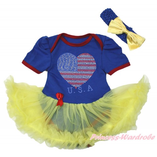 World Cup Royal Blue Red Ruffles Baby Bodysuit Jumpsuit Yellow Pettiskirt With Sparkle Crystal Bling Rhinestone USA Heart Print With Royal Blue Headband Yellow Satin Bow JS3412