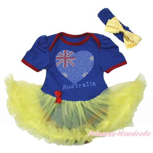 World Cup Royal Blue Red Ruffles Baby Bodysuit Jumpsuit Yellow Pettiskirt With Sparkle Crystal Bling Rhinestone Australia Heart Print With Royal Blue Headband Yellow Satin Bow JS3413