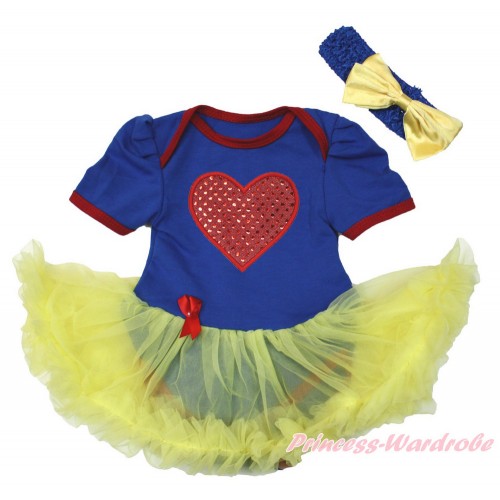 Snow White Royal Blue Red Ruffles Baby Bodysuit Jumpsuit Yellow Pettiskirt With Sparkle Red Heart Print With Royal Blue Headband Yellow Satin Bow JS3414