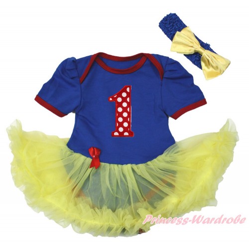 Snow White Royal Blue Red Ruffles Baby Bodysuit Jumpsuit Yellow Pettiskirt With 1st Minnie Dots Birthday Number Print With Royal Blue Headband Yellow Satin Bow JS3415