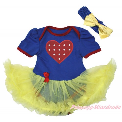 Snow White Royal Blue Red Ruffles Baby Bodysuit Jumpsuit Yellow Pettiskirt With Red White Dots Heart Print With Royal Blue Headband Yellow Satin Bow JS3417