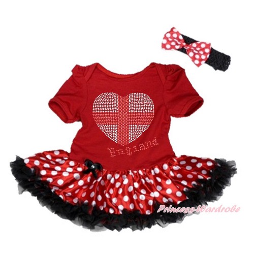 World Cup Red Baby Bodysuit Jumpsuit Minnie Dots Pettiskirt With Sparkle Crystal Bling Rhinestone England Heart Print With Black Headband Minnie Dots Satin Bow JS3422