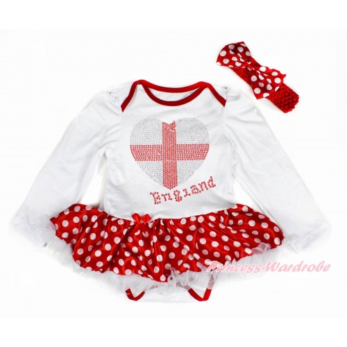  World Cup White Long Sleeve Baby Bodysuit Jumpsuit Minnie Dots White Pettiskirt With Sparkle Crystal Bling Rhinestone England Heart Print & Red Headband Minnie Dots Satin Bow JS3425 