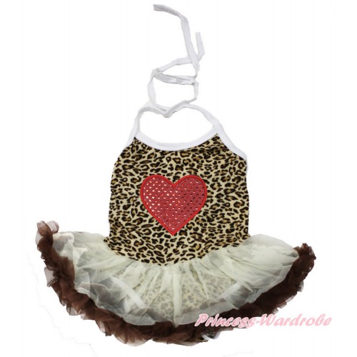 Valentine's Day Leopard Baby Halter Jumpsuit Cream White Brown Pettiskirt With Sparkle Red Heart Print JS3445