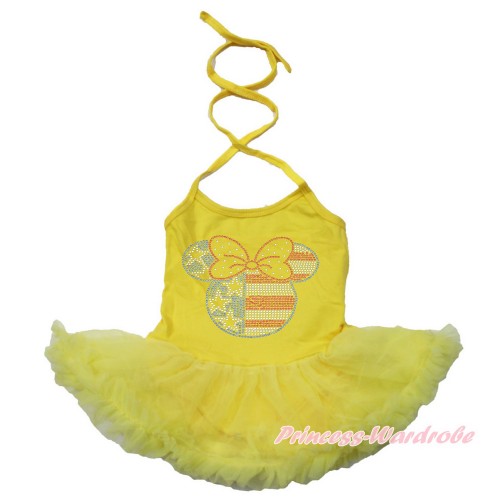 American's Birthday Yellow Baby Halter Jumpsuit Yellow Pettiskirt With Sparkle Crystal Bling Rhinestone 4th July Minnie Print JS3448