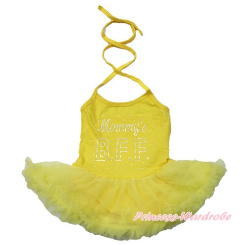 Mother's Day Yellow Baby Halter Jumpsuit Yellow Pettiskirt With Sparkle Crystal Bling Rhinestone Mommy's BFF Print JS3449