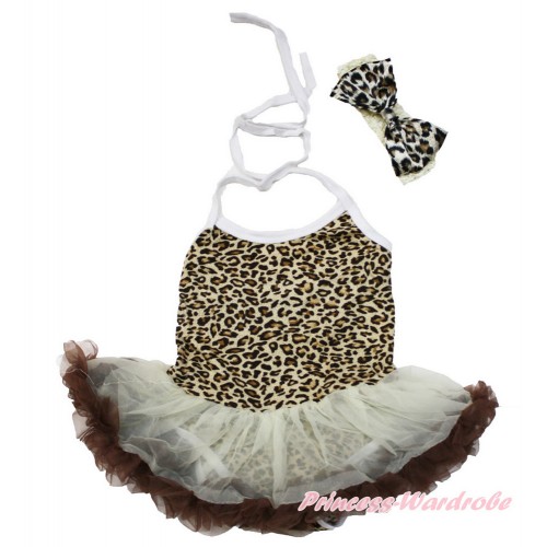 Leopard Baby Halter Jumpsuit Cream White Brown Pettiskirt With Cream White Headband Leopard Satin Bow JS3469