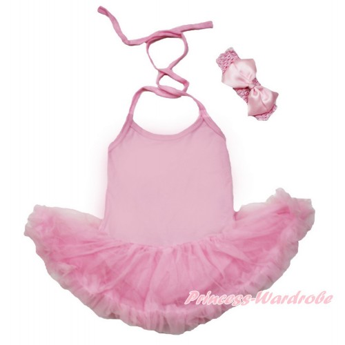 Light Pink Baby Halter Jumpsuit Light Pink Pettiskirt With Light Pink Headband Light Pink Silk Bow JS3471