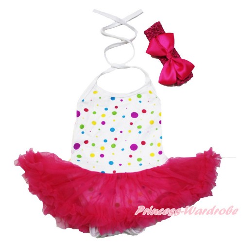 White Rainbow Dots Baby Halter Jumpsuit Hot Pink Pettiskirt With Hot Pink Headband Hot Pink Silk Bow JS3472