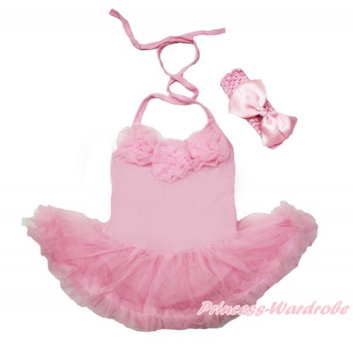 Light Pink Baby Halter Jumpsuit Light Pink Pettiskirt With Light Pink Rosettes With Light Pink Headband Light Pink Silk Bow JS3476