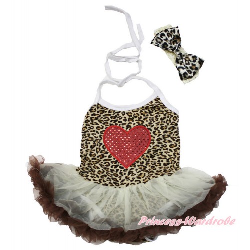 Valentine's Day Leopard Baby Halter Jumpsuit Cream White Brown Pettiskirt With Sparkle Red Heart Print With Cream White Headband Leopard Satin Bow JS3480