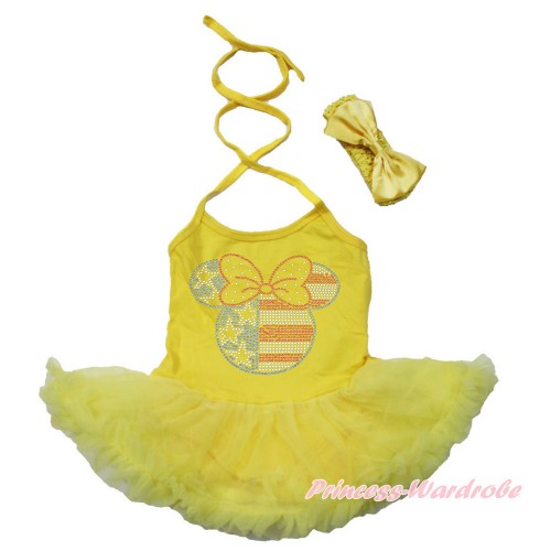 American's Birthday Yellow Baby Halter Jumpsuit Yellow Pettiskirt With Sparkle Crystal Bling Rhinestone 4th July Minnie Print With Yellow Headband Yellow Satin Bow JS3483