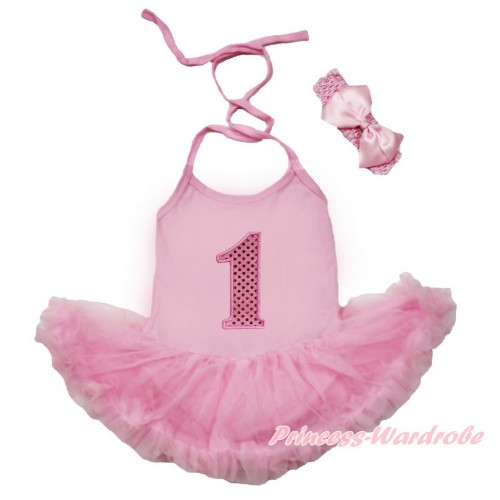 Light Pink Baby Halter Jumpsuit Light Pink Pettiskirt With 1st Sparkle Light Pink Birthday Number Print With Light Pink Headband Light Pink Silk Bow JS3486