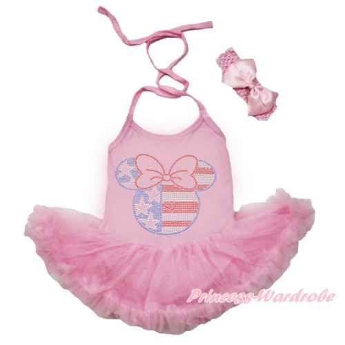 American's Birthday Light Pink Baby Halter Jumpsuit Light Pink Pettiskirt With Sparkle Crystal Bling Rhinestone 4th July Minnie Print With Light Pink Headband Light Pink Silk Bow JS3489