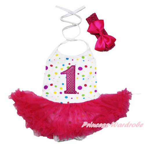 White Rainbow Dots Baby Halter Jumpsuit Hot Pink Pettiskirt With 1st Sparkle Hot Pink Birthday Number Print With Hot Pink Headband Hot Pink Silk Bow JS3493