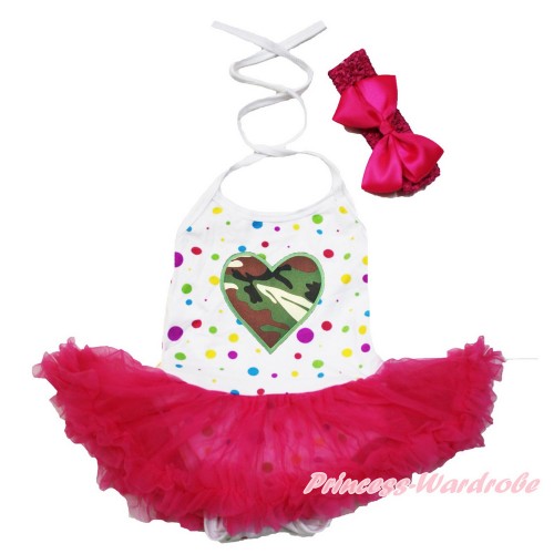 Valentine's Day White Rainbow Dots Baby Halter Jumpsuit Hot Pink Pettiskirt With Camouflage Heart Print With Hot Pink Headband Hot Pink Silk Bow JS3494