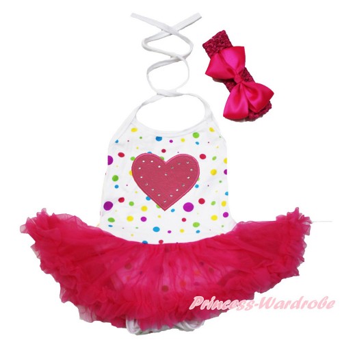 Valentine's Day White Rainbow Dots Baby Halter Jumpsuit Hot Pink Pettiskirt With Hot Pink Heart Print With Hot Pink Headband Hot Pink Silk Bow JS3495