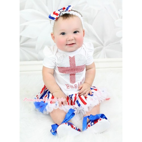 World Cup White Baby Bodysuit Jumpsuit Red White Royal Blue Striped Pettiskirt with Sparkle Crystal Bling Rhinestone England Heart Print JS3505
