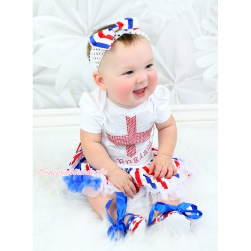 World Cup White Baby Bodysuit Jumpsuit Red White Royal Blue Striped Pettiskirt With Sparkle Crystal Bling Rhinestone England Heart Print With White Headband Red White Royal Blue Striped Satin Bow JS3507