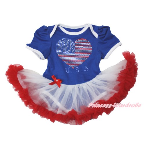 World Cup Royal Blue Baby Bodysuit Jumpsuit White Red Pettiskirt with Sparkle Crystal Bling Rhinestone USA Heart Print JS3516