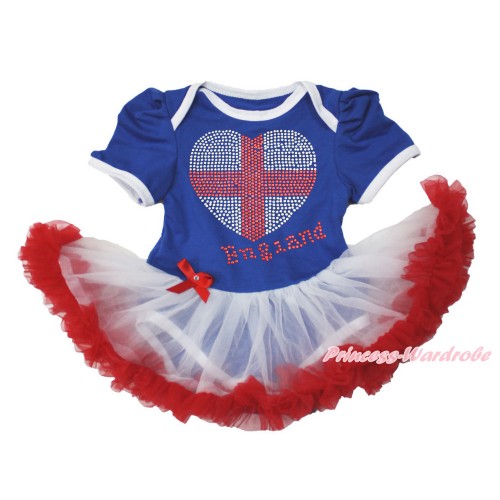 World Cup Royal Blue Baby Bodysuit Jumpsuit White Red Pettiskirt with Sparkle Crystal Bling Rhinestone England Heart Print JS3517