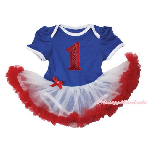 Royal Blue Baby Bodysuit Jumpsuit White Red Pettiskirt with 1st Sparkle Red Birthday Number Print JS3519