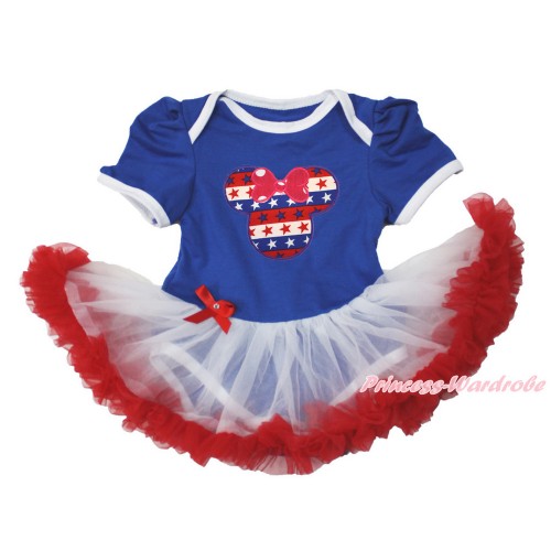 American's Birthday Royal Blue Baby Bodysuit Jumpsuit White Red Pettiskirt with Red White Blue Striped Star Minnie Print JS3520