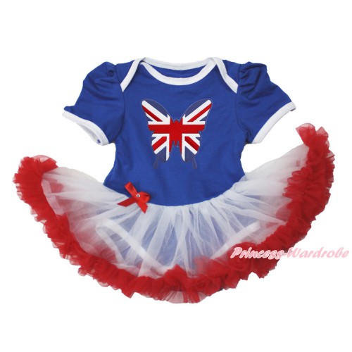 Royal Blue Baby Bodysuit Jumpsuit White Red Pettiskirt with Patriotic British Butterfly Print JS3521