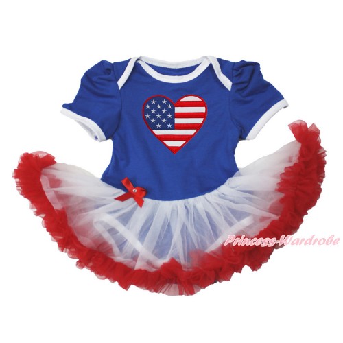 American's Birthday Royal Blue Baby Bodysuit Jumpsuit White Red Pettiskirt with Patriotic American Heart Print JS3523