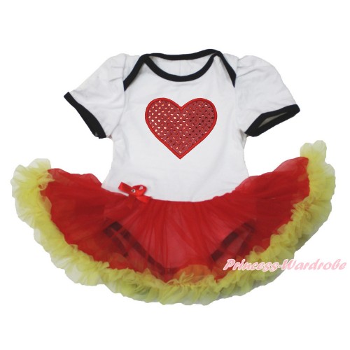 Valentine's Day Germany White Baby Bodysuit Jumpsuit Red Yellow Pettiskirt with Sparkle Red Heart Print JS3526