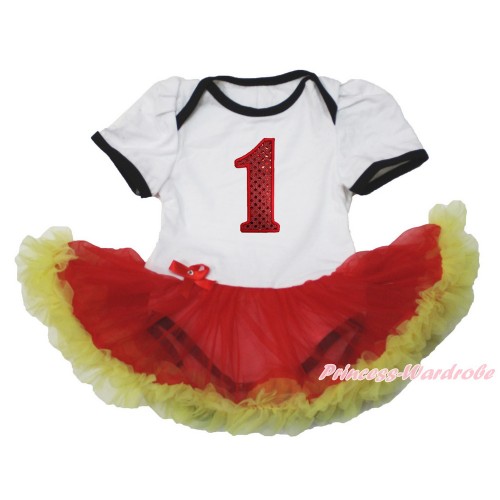 White Baby Bodysuit Jumpsuit Red Yellow Pettiskirt with 1st Sparkle Red Birthday Number Print JS3528