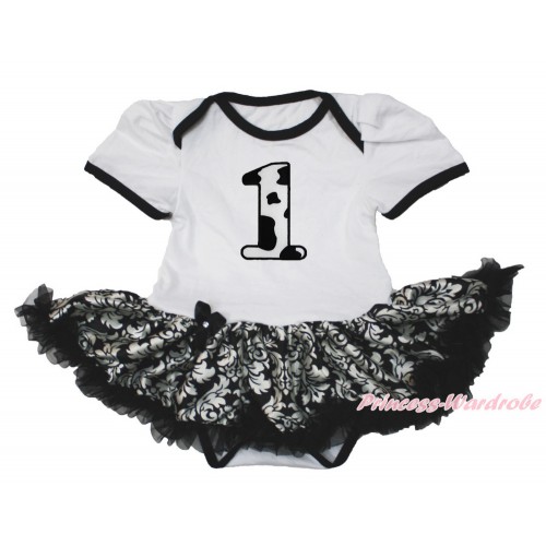 White Baby Bodysuit Jumpsuit Damask Pettiskirt with 1st Milk Cow Birthday Number Print JS3532