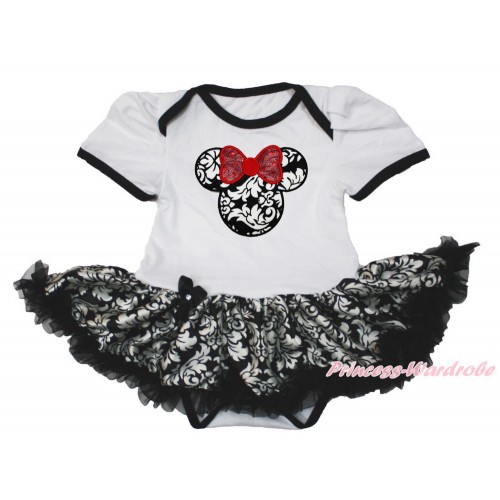 White Baby Bodysuit Jumpsuit Damask Pettiskirt with Sparkle Red Damask Minnie Print JS3534