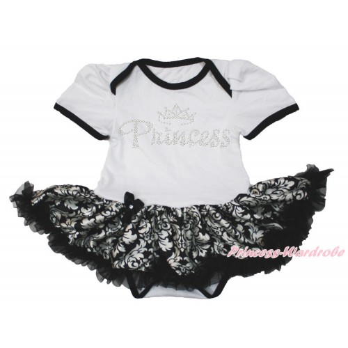 White Baby Bodysuit Jumpsuit Damask Pettiskirt with Sparkle Crystal Bling Rhinestone Princess Print JS3536